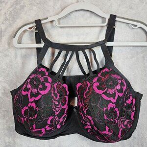 Cacique Lightly Lined Balconette Womens Bra 40DDD Black Pink Floral Lace Sexy